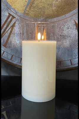 Radiance - Simply Ivory Clear Glass Pillar Candle - Poured Wax - Realistic LED Flame Effect - Indoor - Unscented Wax - Remote Ready - 4" x 8"