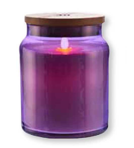 by Liown Moving LED Candle - Purple Glass Jar w/ Wooden Lid - Vanilla Scented Ivory